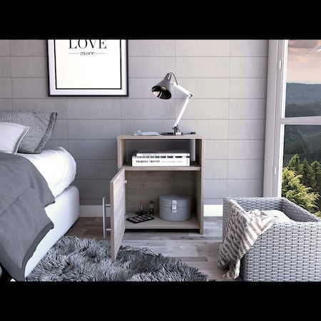Nordico Nightstand, One Shelf, Single Door Cabinet, Metal Handle, Light Gray